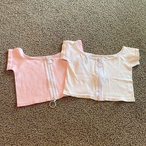 Suzette White & Pink Ribbed Cropped Short Sleeved Shirts w/ Zipper One Size